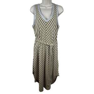 Voy Midi Dress Striped Belted Pockets V-Neck Coastal Nautical Olive Cream Small